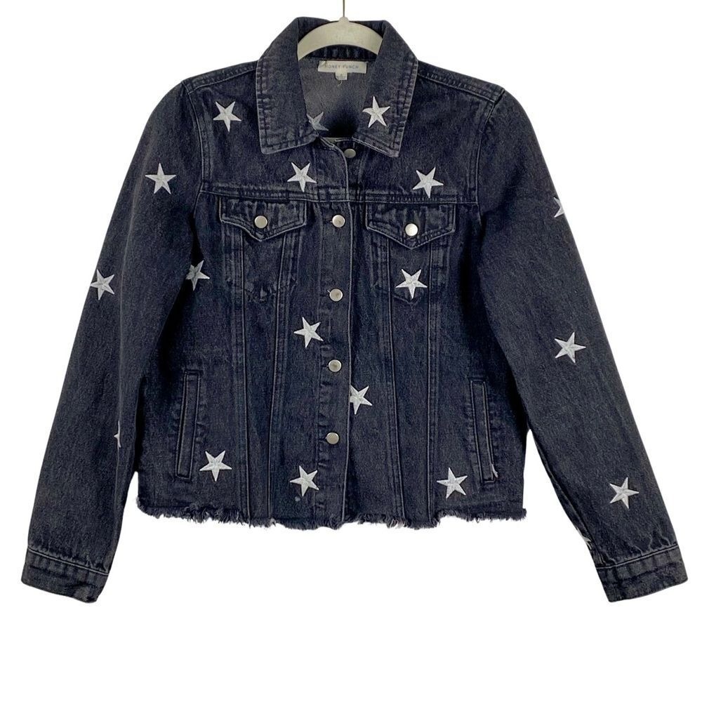 Honey Punch Black Denim Jacket Embroidered Stars Frayed Hem Womens Size S
